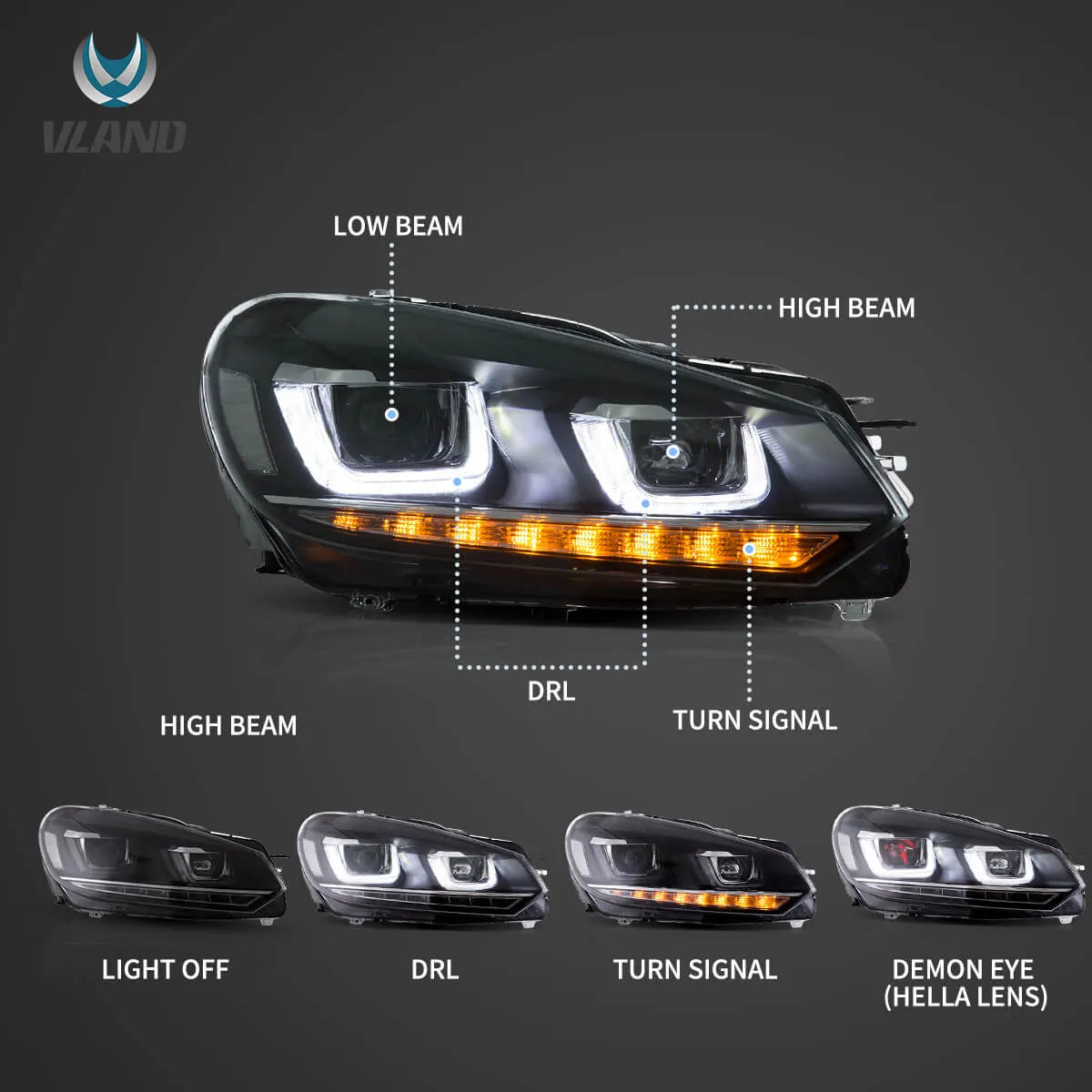 0814 VW Golf Mk6 Vland Dual Beam Projector Aftermarket Headlights