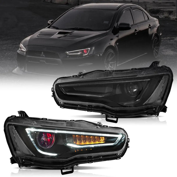 08 17 Mitsubishi Lancer Evo X Vland Dual Beam Projector Headlights with Demon Eyes Black