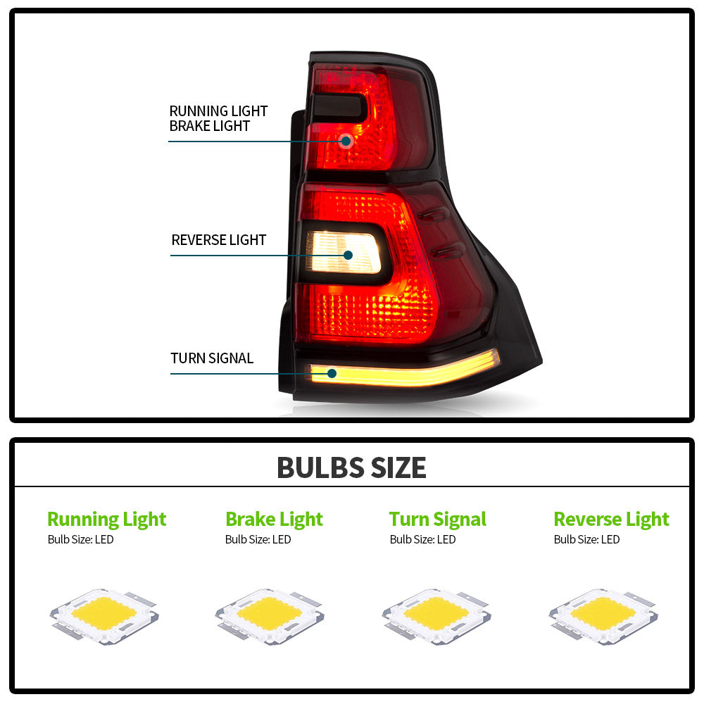 Vland Carlamp  Full LED Taillights for Toyota 2010-2016 Land Cruiser Prado Red Lens