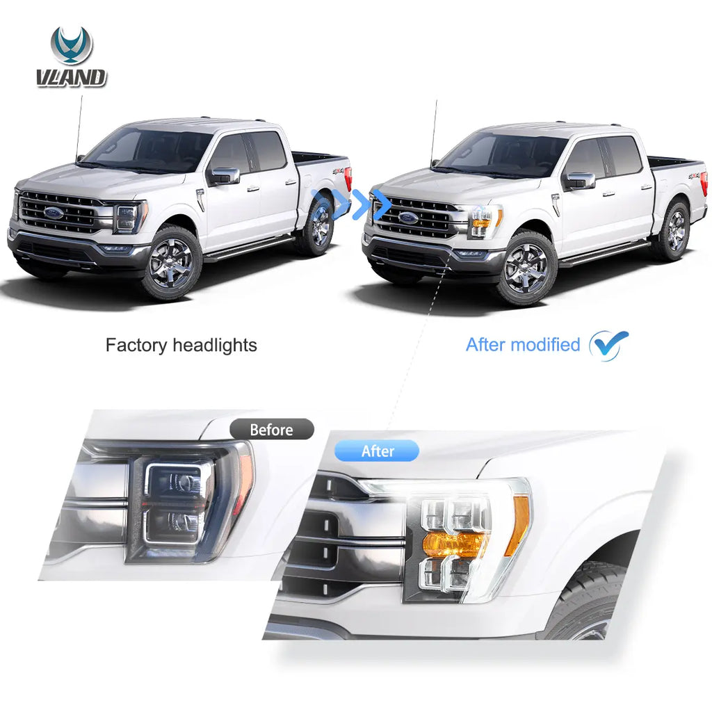 21-23 Ford F150 14th Gen Vland LED Reflection Bowl HeadLights Chrome