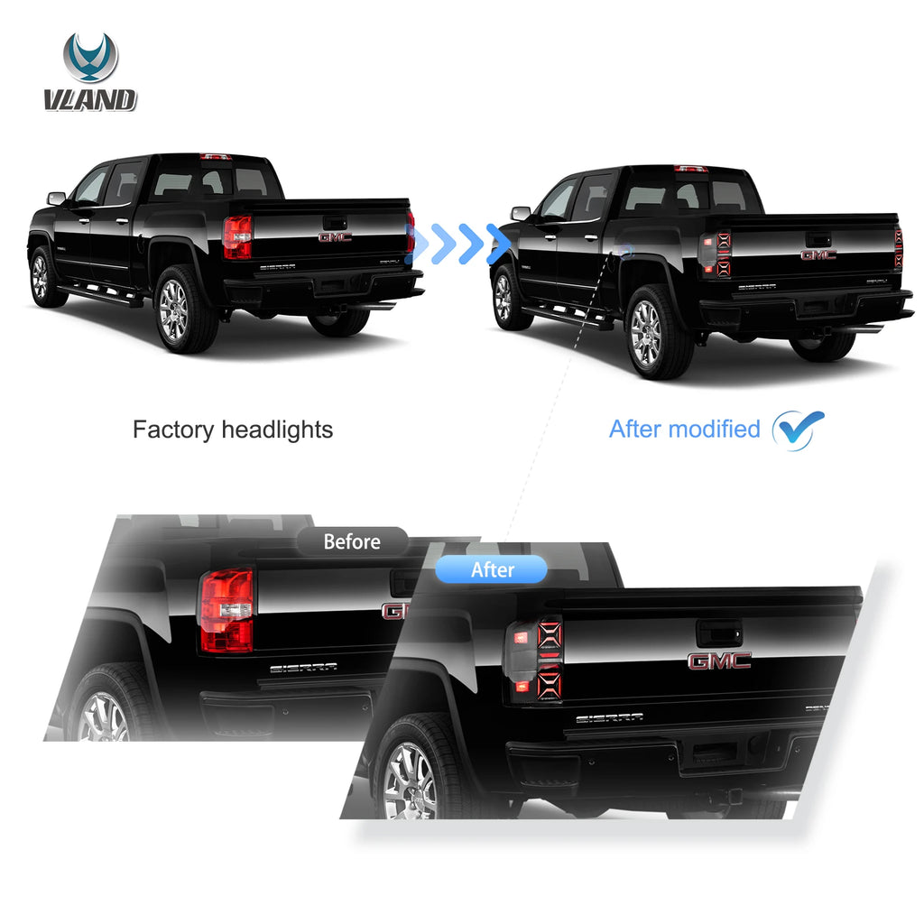 14-18 GMC Sierra 1500 2500HD 3500HD Vland III LED Tail Lights With Dynamic Welcome Lighting Clear