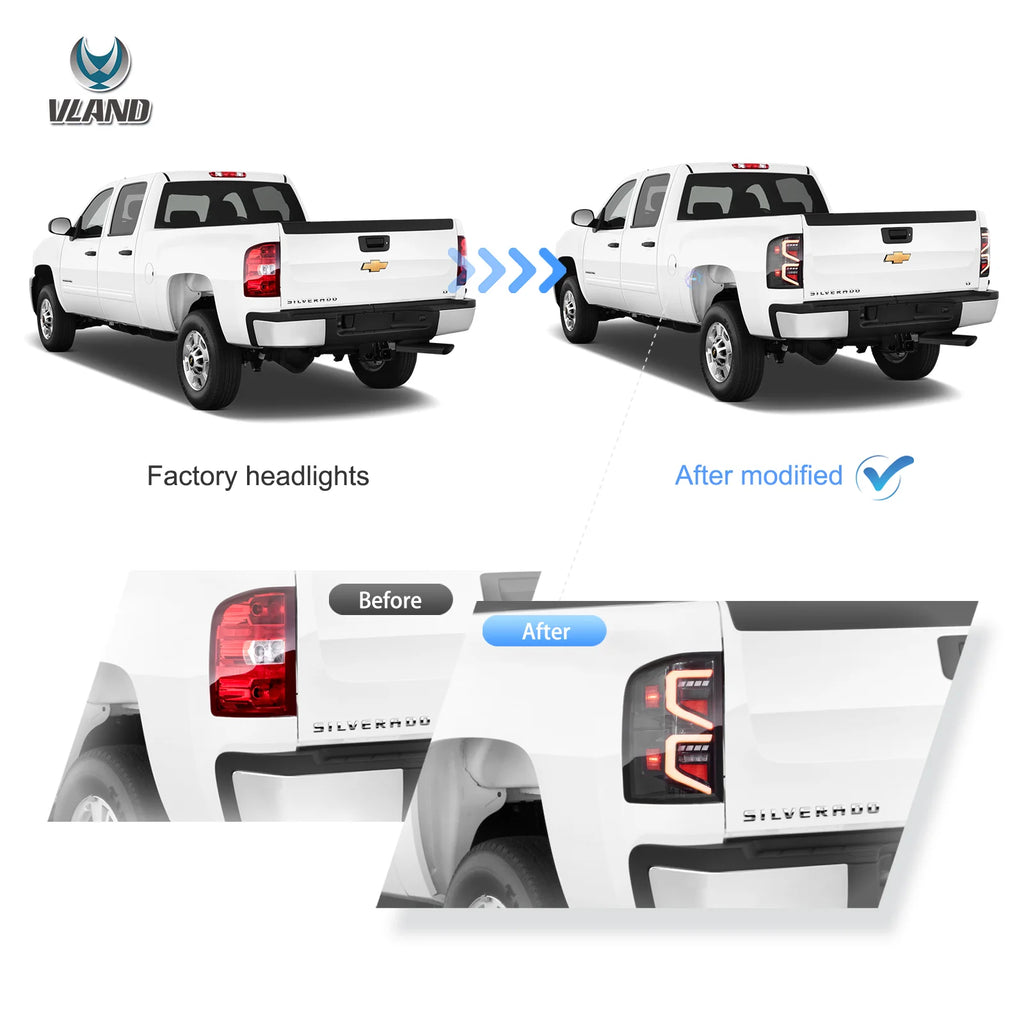 07-13 Chevrolet Silverado 1500 2500HD 3500HD 07-14 Sierra (Denali) 3500HD Dually Vland LED Tail Lights With Dynamic Welcome Lighting Clear