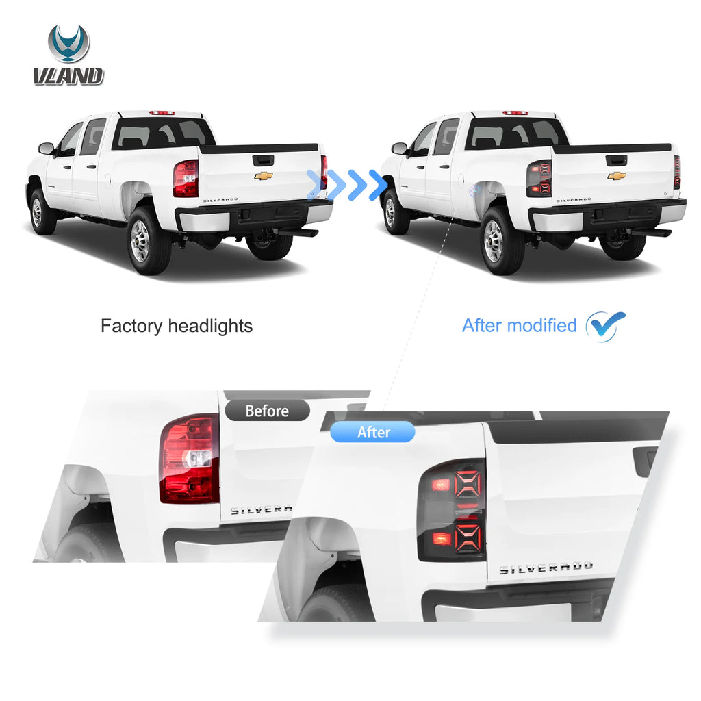 07-13 Chevrolet Silverado 1500 2500HD 3500HD & 07-14 GMC Sierra (Denali) 3500HD Dually Vland LED III Tail Lights With Red Turn Signal Clear
