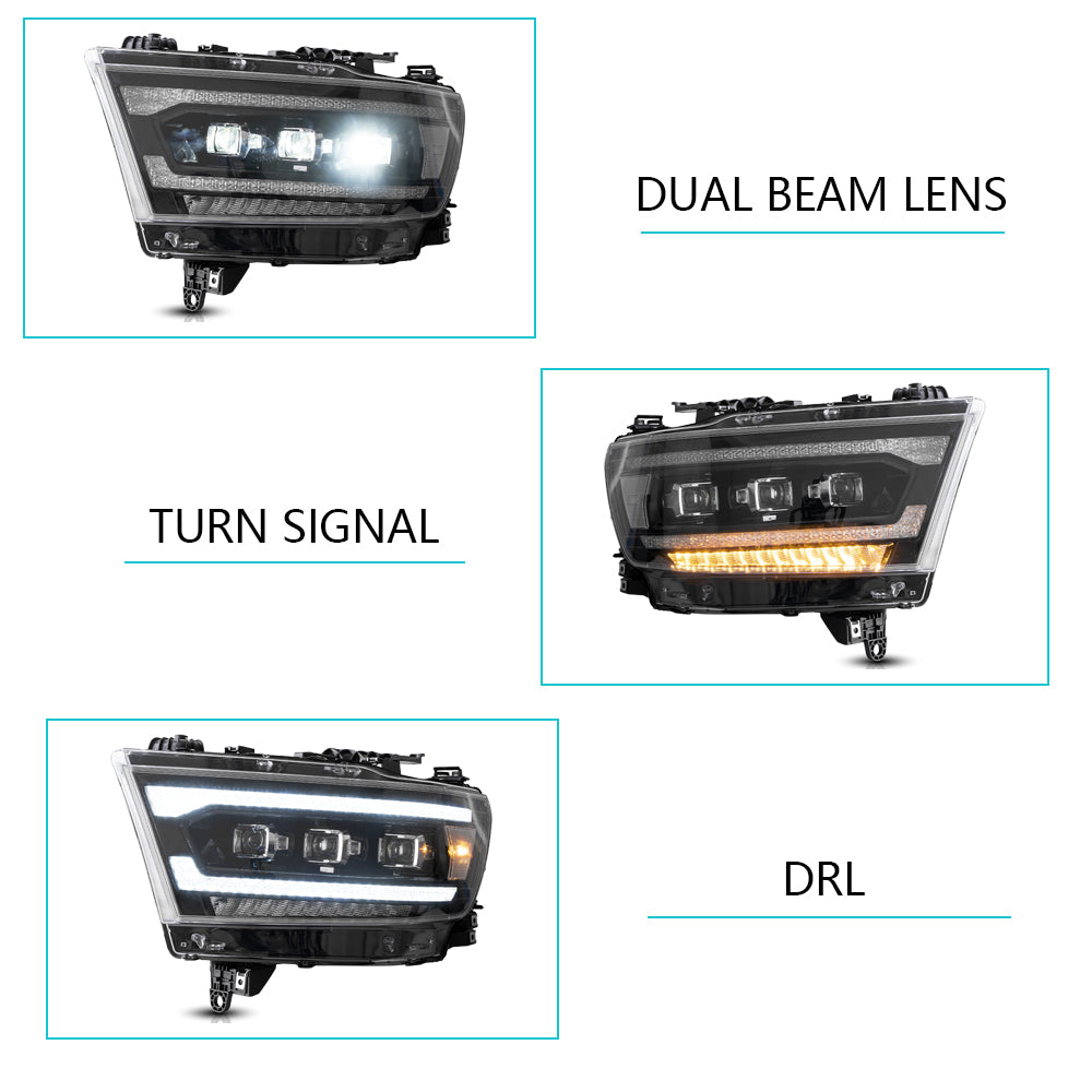 Vland Carlamp  LED Matrix Projector Headlights For Dodge RAM 1500 2019-2024