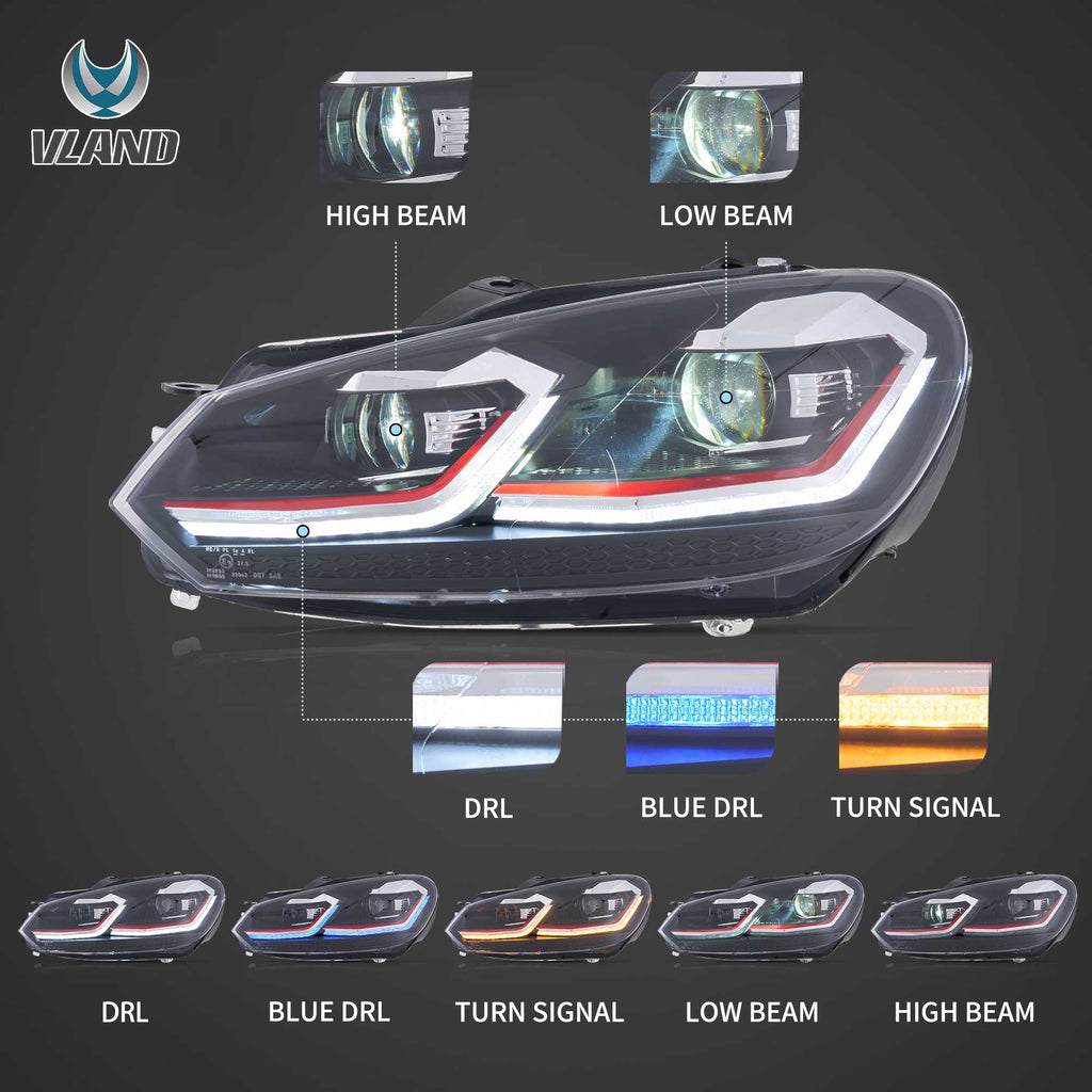 08-14 VW Golf Mk6 Vland Full LED Headlights MK7.5 Style