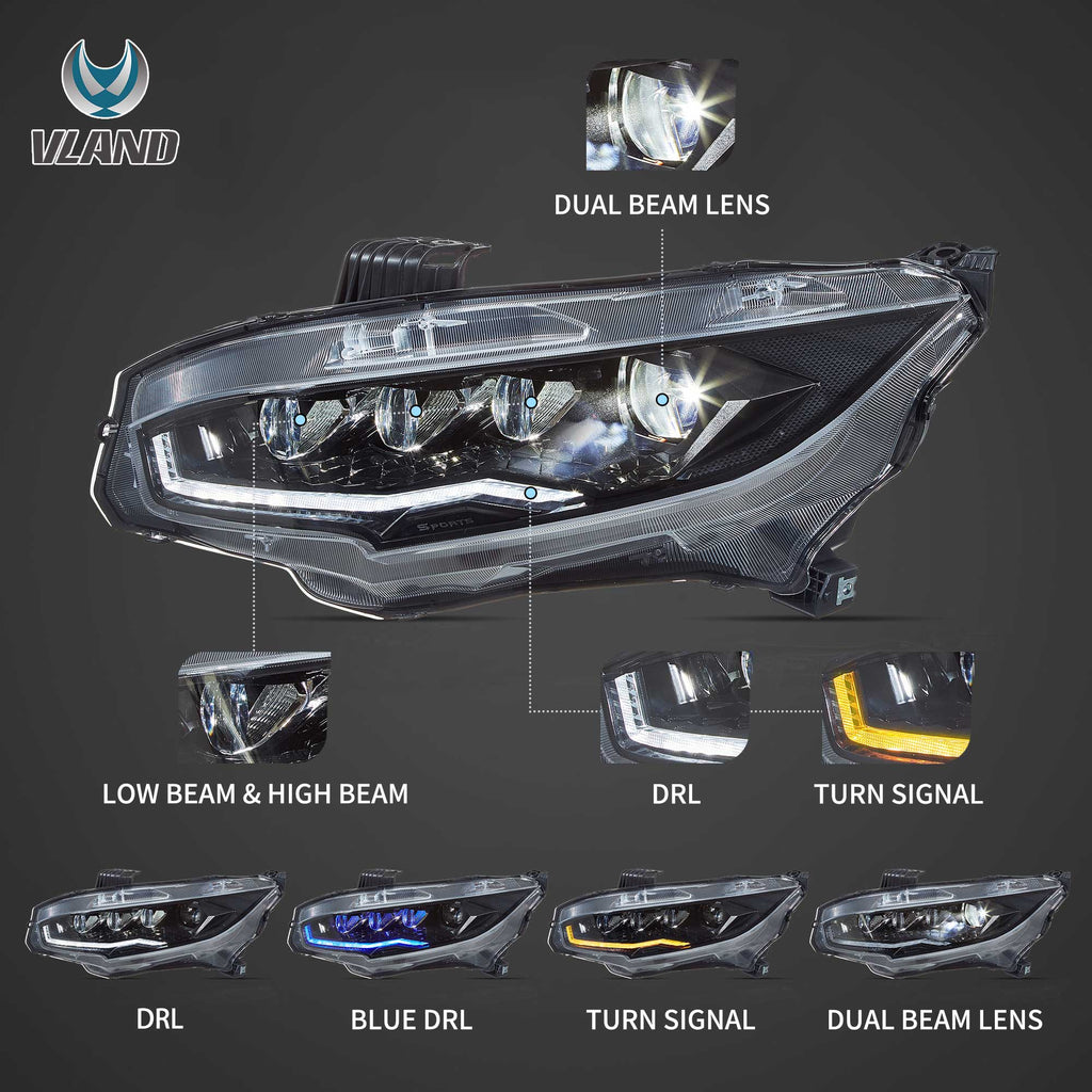 Honda Civic 10 Sedan/Coupe/Hatchback/Type R 2016-2021 Vland LED Headlights