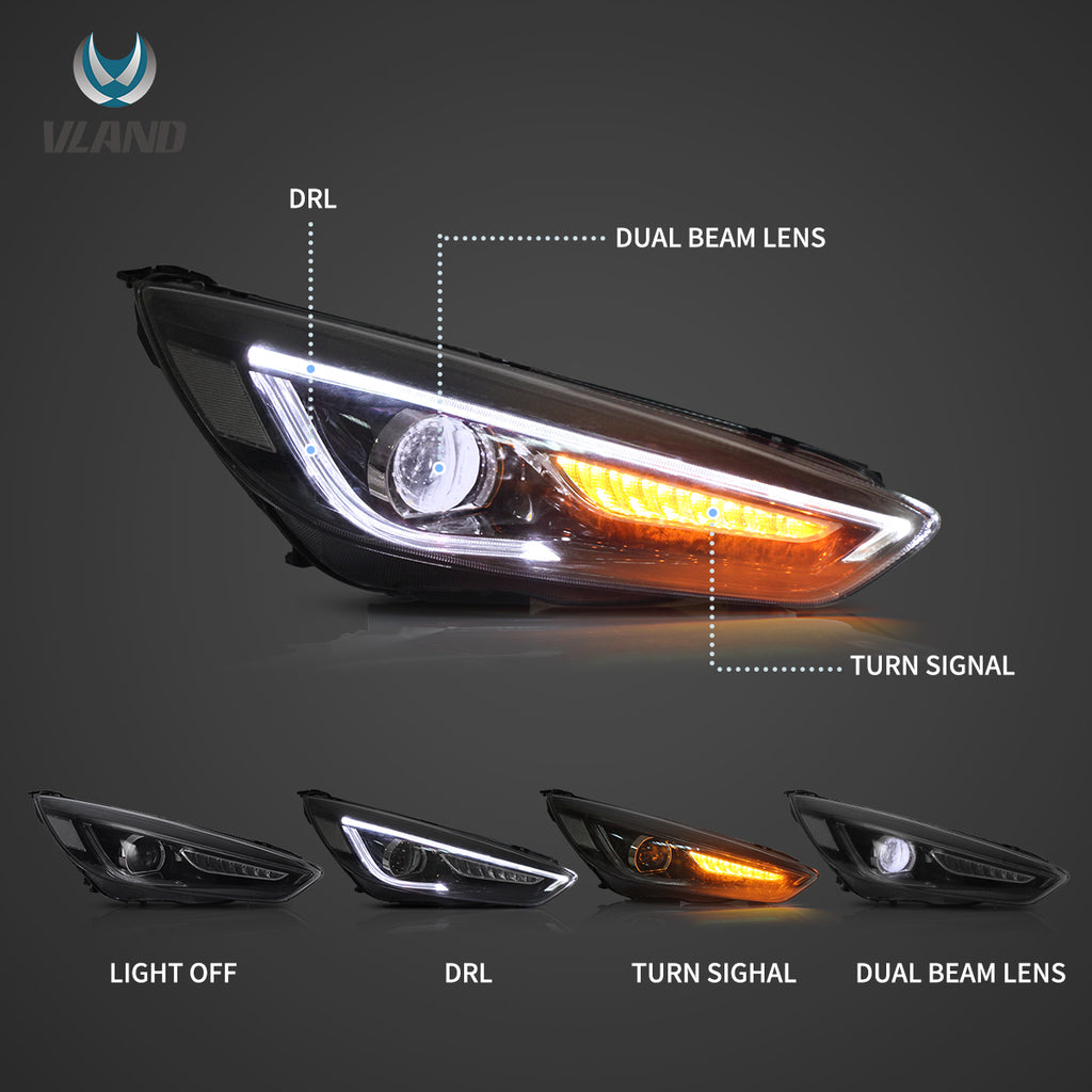 Vland  Headlights For 2015-2018 Ford Focus Dual Beam Lens