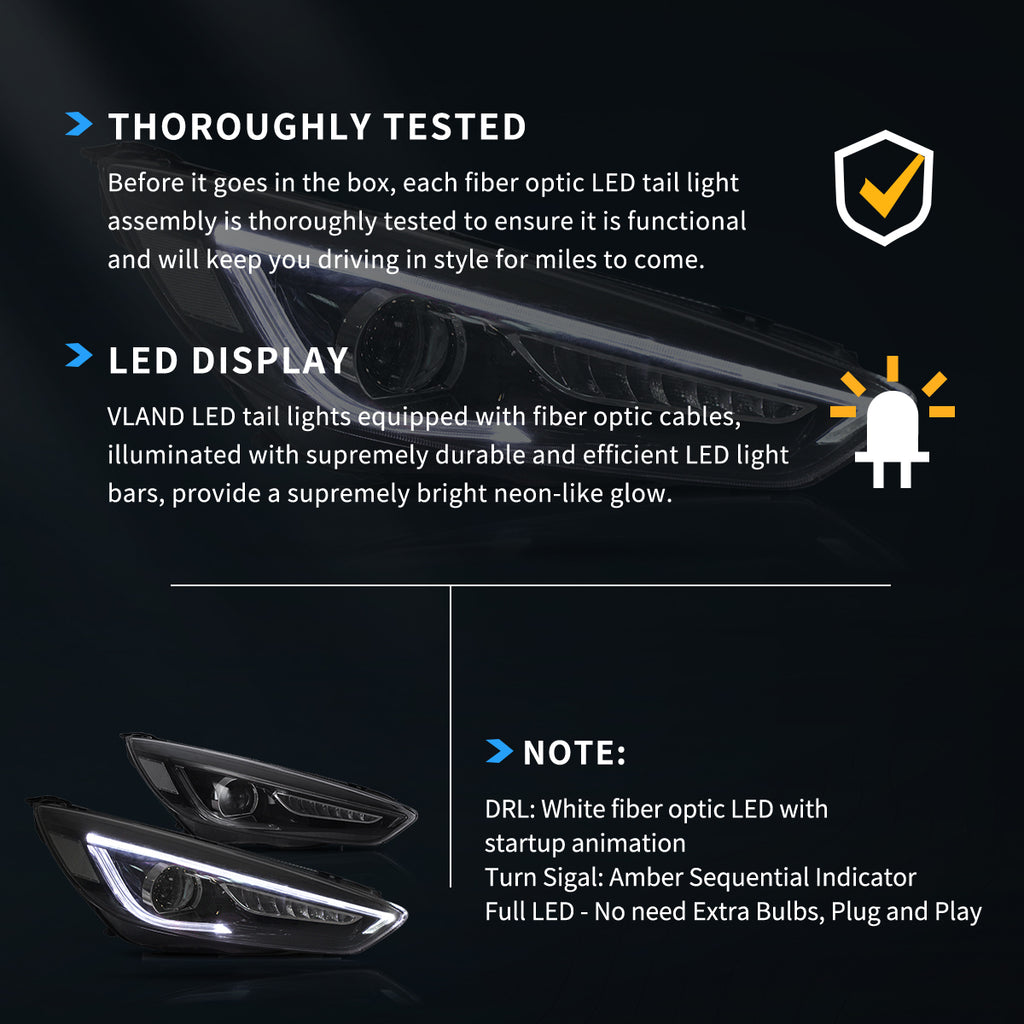 Vland  Headlights For 2015-2018 Ford Focus Dual Beam Lens