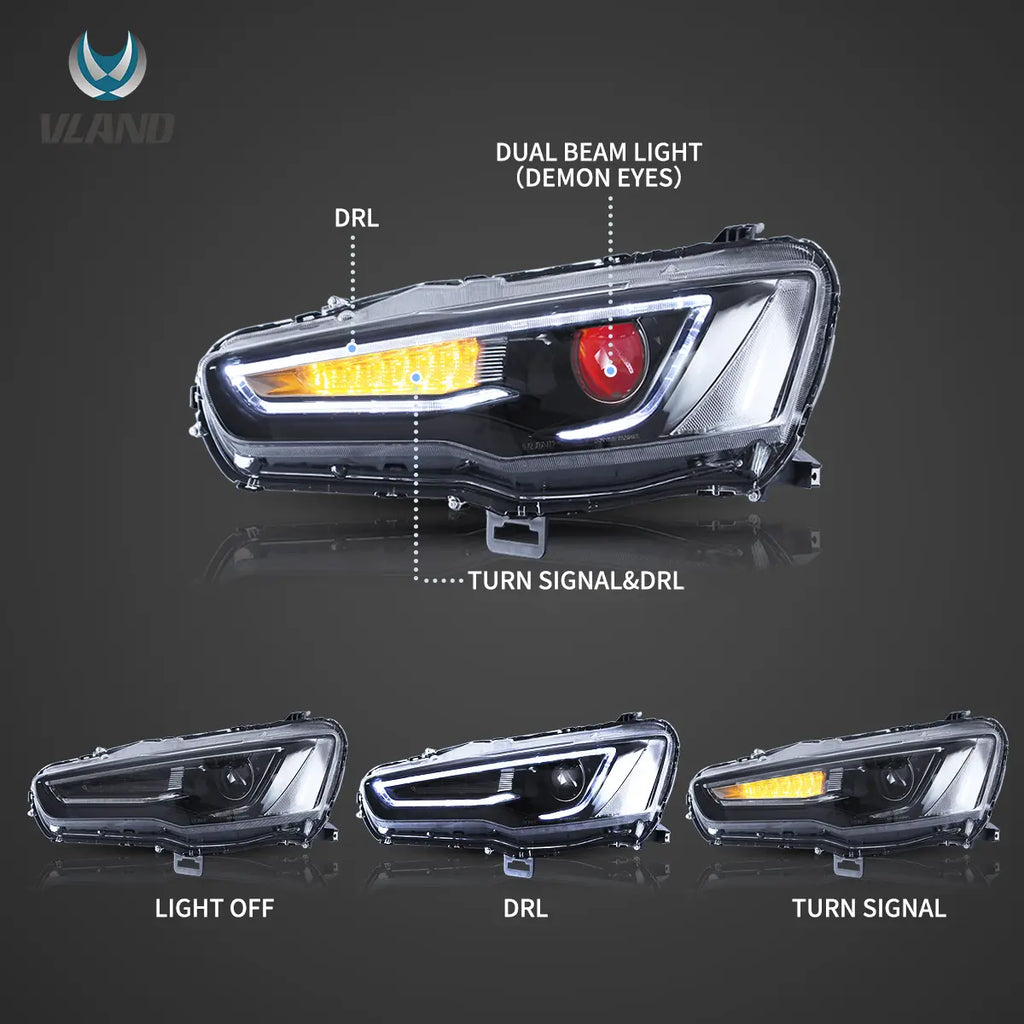 Rdeghly VLAND LED Dual Beam Projector Dynamic Headlights Blackout For  Lancer / Evo X 2008-2017 LHD 