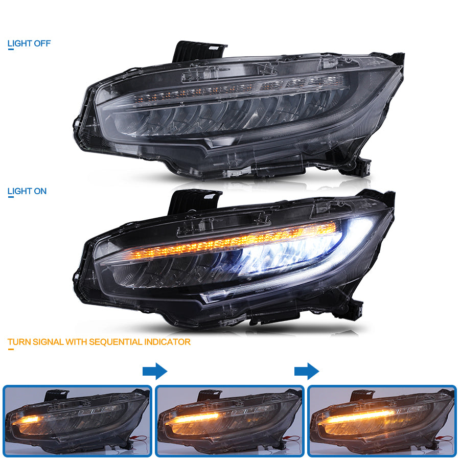 Headlight Assemblies Compatible with 16 17 18 2019 Civic Headlamps Black Housing Clear Lens