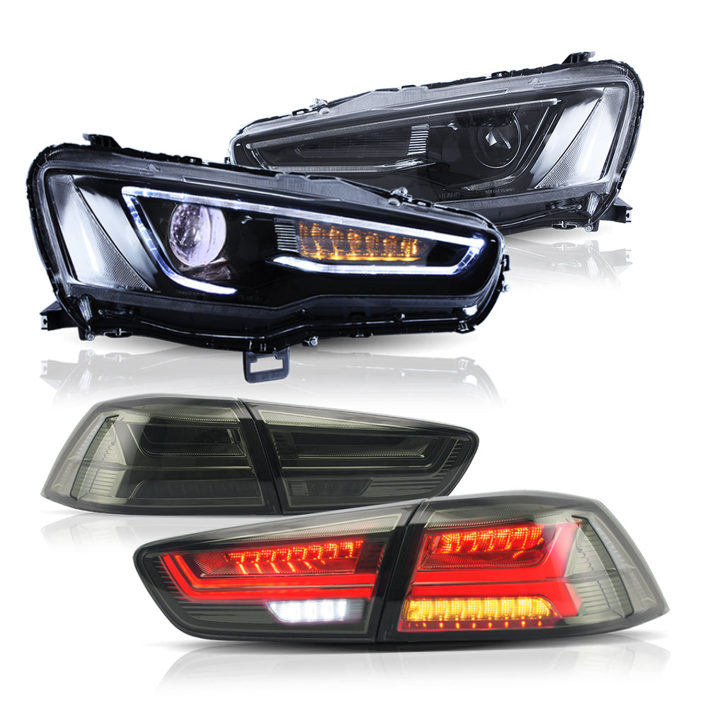 Blackout Headlights + Smoked Lens Tail lights For 2008-2017 Mitsubishi Lancer / EVO X