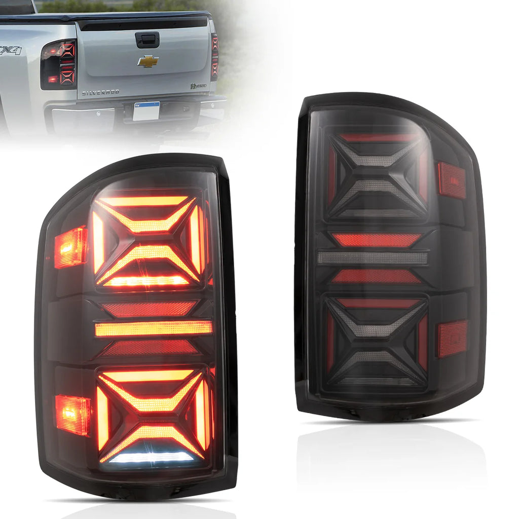 07-13 Chevrolet Silverado 1500 2500HD 3500HD & 07-14 GMC Sierra (Denali) 3500HD Dually Vland LED III Tail Lights With Red Turn Signal Clear