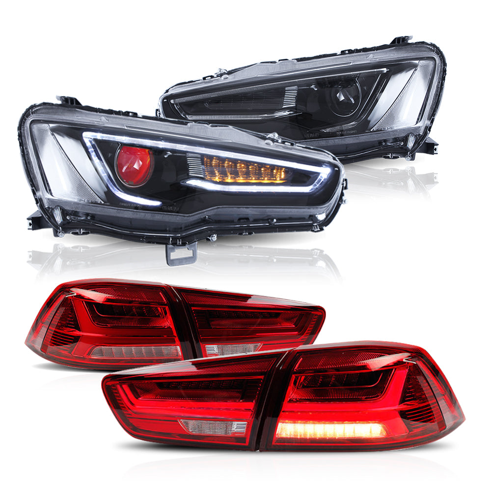 Blackout Headlights with red demon eyes + Red Lens Tail lights For 2008-2017 Mitsubishi Lancer / EVO X