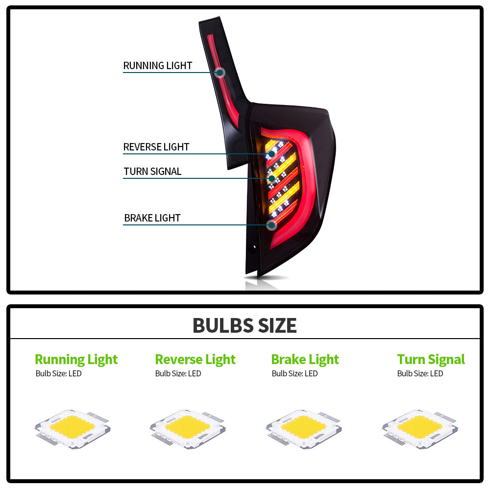 VLAND Full LED Tail Lights for Honda Fit / Jazz (GK5) 2014-2020 (Plug and Play. No Need Bulbs)