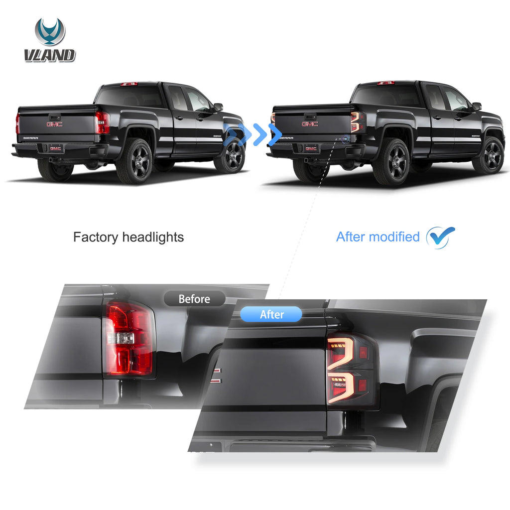 14-18 GMC Sierra 1500 2500HD 3500HD Vland LED Tail Lights With Dynamic Welcome Lighting Clear