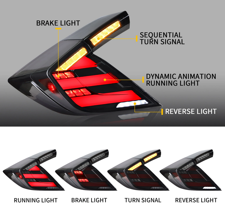 VLAND Full LED задни светлини Smoked за Honda Civic Hatchback и Type R 2017-UP (Динамично приветстващо осветление с последователни мигачи)
