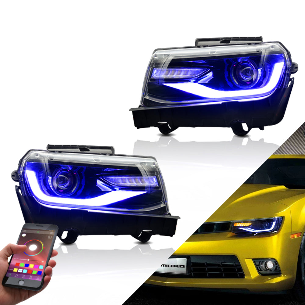 产品 2014-2015 Chevy Camaro RGB Dual Beam Headlights With Amber Sequential, Multicolor DRL colors
