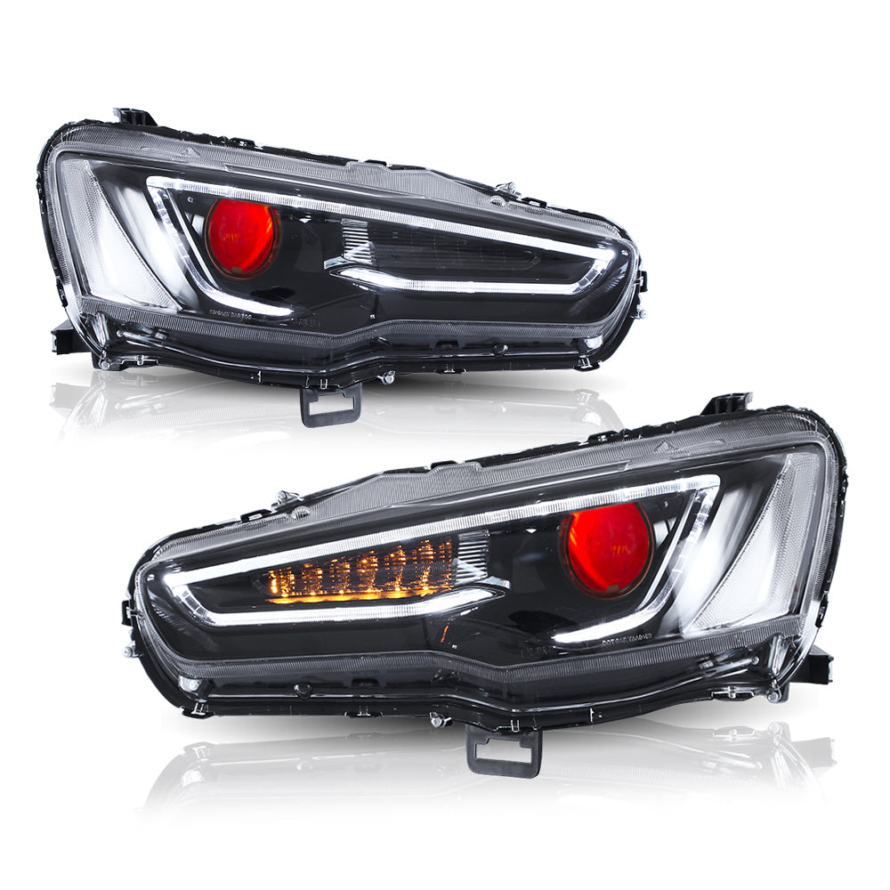 Vland Carlamp Blackout Headlights with red demon eyes + Smoked Lens Tail lights For 2008-2017 Mitsubishi Lancer / EVO X